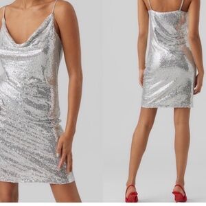 Vero Moda Kaje Silver Sequin MIni Dress Cowl Neck Size XL Cocktail Party